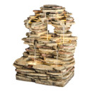 Stacked stone waterfall fountain with multiple tiers, featuring gentle water flow. The earthy tones create a calming and natural ambiance.