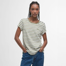 A woman wearing a green and white striped top