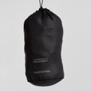 A black packable bag with the text "Craghoppers Packaway" printed on it, hanging by a drawstring against a plain grey background. Simple and compact design.