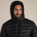 Close-up of a men's black hooded insulated puffer jacket with the hood fully zipped, highlighting the padded hood, lightweight quilted construction and high collar for added warmth.