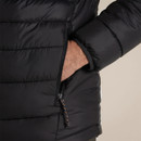 Close-up of the zipped hand pocket on a men's black insulated puffer jacket, showing the secure zip fastening and quilted fabric detail.