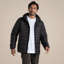Men's black hooded insulated puffer jacket worn open over a white T-shirt, featuring a lightweight quilted design and full-length zip.
