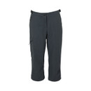The front of a pair of dark grey capri trousers with zip up side pockets.