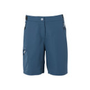 The front of a pair of dark blue shorts with zip up side pockets.