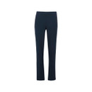 The front of a pair of dark navy walking trousers with zip up side pockets.