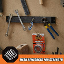 Tools and Gorilla mounting tape on a pegboard with the text "MESH REINFORCED FOR STRENGTH".