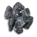 A cluster of various-sized dark rocks with white veins on a white background.