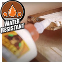 Applying water-resistant glue to wood, with "Water Resistant" overlay badge visible.