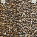 Split image comparing wet and dry multicoloured pebbles, with the left side labelled "WET" and right side "DRY".
