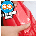 A hand applying a clear adhesive tape to a red surface with "PERMANENT BOND" text overlay.