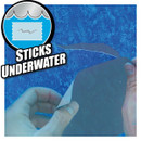 Two hands applying a transparent adhesive from backing underwater; overlay reads "STICKS UNDERWATER."