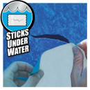 Hands peeling a waterproof adhesive from its backing with 'Sticks Under Water' text and water droplet logo.
