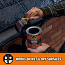 Person applying black Gorilla Waterproof Patch & Seal on wet surface with text "Works on Wet & Dry Surfaces".