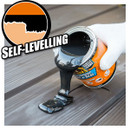 Hand pouring black self-levelling sealant from can onto wooden surface with logo "SELF-LEVELLING".
