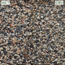 A comparison of wet and dry multicolored pebbles, divided vertically by a line.
