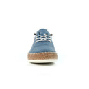 Front view of a single blue boat shoe with white laces on a white background.
