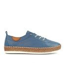 Blue lace-up shoe with cork platform sole, isolated on a white background.