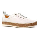 White leather lace-up trainer three-quarter view with metal eyelets, whipstitch edging and cork-effect midsole on a white background.