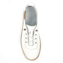 Front view of white leather lace-up trainer showing toe shape, laces and cork-effect midsole on a white background.