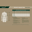Size chart showing women's apparel top sizes with measurement instructions and conversion table.