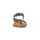 Front view of navy blue embellished T-bar sandal showing gemstone straps and toe-post design.
