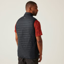 The back of a man wearing a black quilted gilet over a red t-shirt.