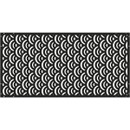 Black and white geometric garden screen with repetitive crescent pattern shapes.