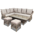 Front view of a sand coloured  faux rattan corner lounge set with matching stools and height-adjustable table on a white background