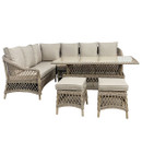 Side view of a sand coloured faux rattan corner lounge set with matching stools and height-adjustable table on a white background