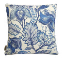 A decorative outdoor cushion with blue floral patterns on an off-white background.