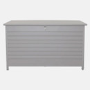 A large metal storage box in a natural pebble tone with the lid closed.