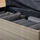 Cushions in a beige wicker storage box with a black tarp cover, arranged neatly. The scene conveys organization and protection of outdoor furniture.