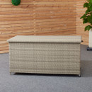 Beige wicker storage bench on grey carpet in front of wooden panel wall. A green plant in the corner adds a touch of nature to the setting.