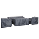 Four furniture covers in grey, draping over a couch, table and two chairs, designed to protect outdoor furniture from the elements.