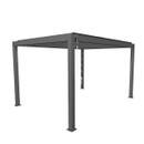 A grey metal outdoor gazebo frame with four sturdy legs and a flat roof, ready for covering or decoration.