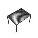 A grey pergola with horizontal slats and four legs, viewed from above