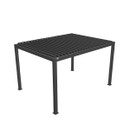 Grey metal pergola with slatted roof and sturdy legs, designed for outdoor spaces, providing shaded relaxation areas.