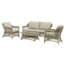 A stylish wicker furniture set featuring a two seater sofa and two armchairs with neutral cushions, accompanied by a glass top coffee table.