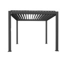 Modern grey pergola with a slatted roof, supported by four sturdy legs, ideal for outdoor spaces.