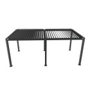 Grey metal patio pergola with slatted roof and sturdy legs, designed for outdoor shade and protection.