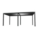 A modern, freestanding grey metal pergola with slatted roofing and sturdy posts, set against a white background.