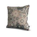 Square decorative pillow with intricate, mandala-like patterns in beige, black, and gray. The design is ornate, creating a cozy and elegant ambiance.