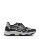 Side view of a lightweight black and grey athletic shoe with a patterned design, designed for outdoor activities.
