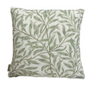 A square decorative cushion featuring a delicate green leaf pattern on a light background, adding a touch of nature to any space.