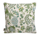 A decorative square cushion featuring intricate floral and leaf patterns in green and blue on a natural background.