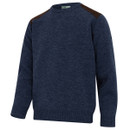 Navy blue jumper with long sleeves and brown shoulder patches; casual and stylish design for cooler weather.