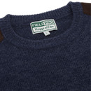 Close-up of a navy jumper with a crew neckline