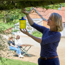 A view of a woman hanging up a flight catcher on a tree in a garden