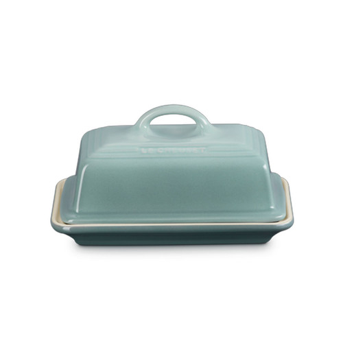 A blue Le Creuset butter dish
