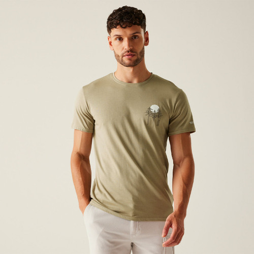 The front of a man wearing a sand-coloured t-shirt with a small print on the chest.